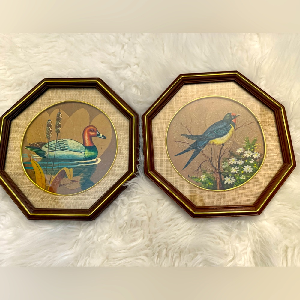 Set of 2 Vintage Octagonal Bird Art Prints